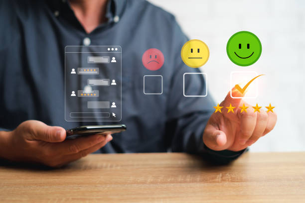 istock Customer Satisfaction Survey Concept, Businessman chat on smartphone with customer and check rate service experiences on the online application and pointing on 5 star ratting on virtual screens 1472855810