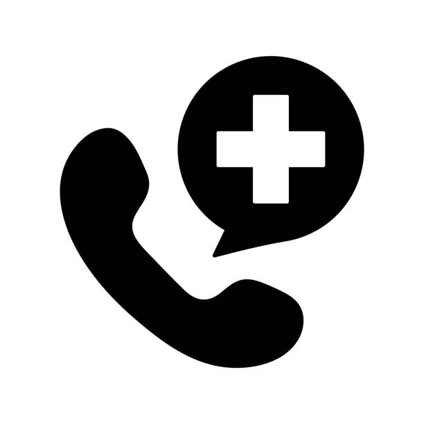 doctor call, medical emergency number, black medical icon, handset with speech bubble and cross, hospital phone consulting aid, clinic service vector symbol doctor call, first aid, black medical icon, handset with speech bubble and cross, hospital phone consulting aid, clinic service vector symbol with negative space 999 call center stock illustrations
