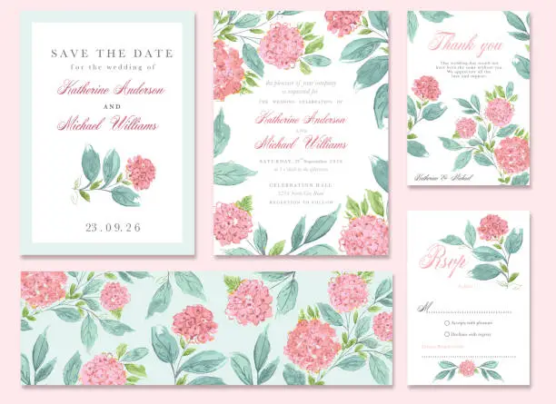 Vector illustration of Pink Watercolor Hydrangea Flowers Wedding  Invitation Set Template