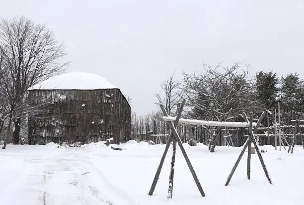 fifteenth century Iroquoian longhouse, winter scene