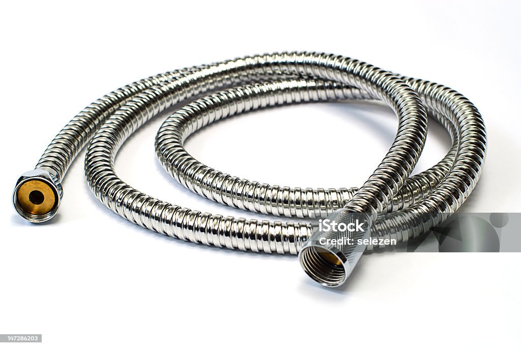 Water hose isolated chrome plated shower pipe Water hose isolated on white background,chrome plated shower pipe Bathroom Stock Photo