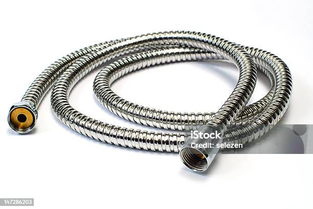 Water Hose Isolated Chrome Plated Shower Pipe Stock Photo - Download Image Now - Bathroom, Chrome, Curtain