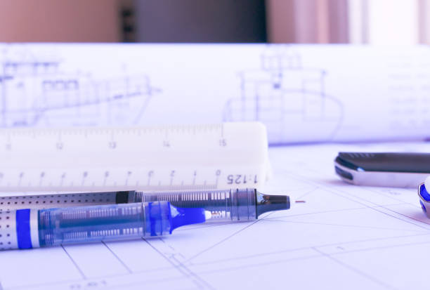 istock Blue and black Needle Rollerball Pens Fine Point on architectural drawings 1472862611
