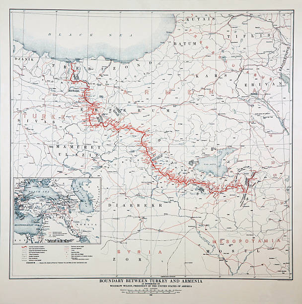 Woodrow Wilson map 1920 year Boundary between Turkey and Armenia as determined by Woodrow Wilson, President of the United States of America. Map created 1920. 1914 stock pictures, royalty-free photos & images