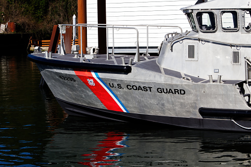 Bow To Bridge Of US Coast Guard Motor Lifeboat At Dock Depoe Bay Oregon
