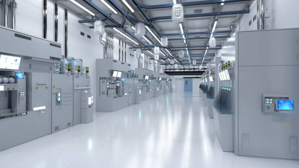 istock White futuristic semiconductor manufacturing factory or laboratory interior with machine and computer screen 1472865758
