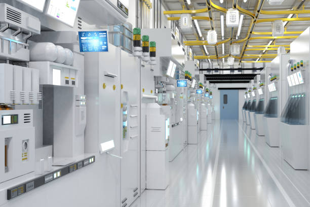istock White futuristic semiconductor manufacturing factory or laboratory interior with machine and computer screen 1472865762