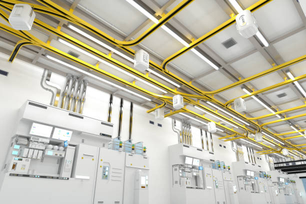 istock White futuristic semiconductor manufacturing factory or laboratory interior with machine and computer screen 1472865767