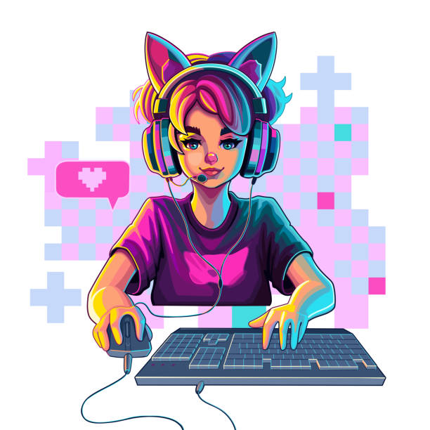 Girl gamer or streamer with cat ears headset sits in front of a computer Girl gamer or streamer with cat ears headset sits in front of a computer with her mouse and keyboard. Abstract pixel decorations. Cartoon anime style. Vector character isolated on white background girls coding stock illustrations