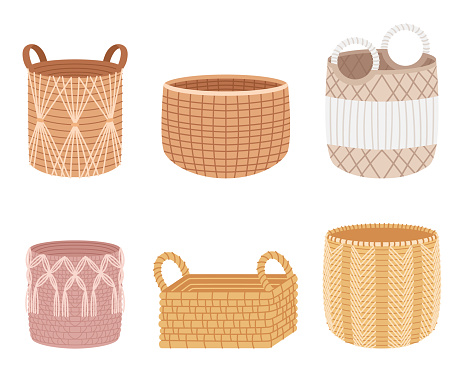 Set Of Wicker Baskets, With Varying Sizes And Shapes Made From Natural Materials. Rustic Hampers for Food, Picnic, Flowers, Storage Or Decorative Purposes, Interior Decor. Cartoon Vector Illustration