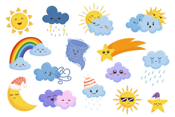 ilustrações, clipart, desenhos animados e ícones de personagens do tempo dos desenhos animados que retratam várias condições meteorológicas sol, chuva, neve, tempestade e vento - weather symbol sun meteorology