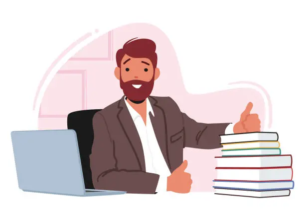 Vector illustration of Male Teacher Character Smiling And Showing Thumb Up Gesture While Sitting at Desk with Laptop and Pile Of Books