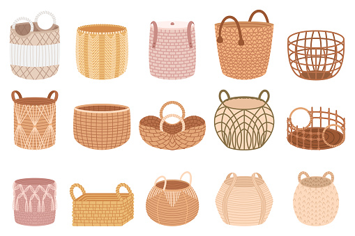 Set Of Woven Wicker Baskets, Ranging In Size And Shape, Decorative Elements Perfect For Organization Or Decoration. Natural Texture Of The Baskets Adds Rustic, Earthy Vibe. Cartoon Vector Illustration