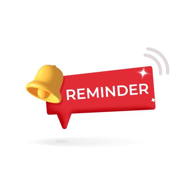 3d vector mockup reminder or new notification window label badge with yellow bell symbol illustration. Web design element, webpage development, online advertising, calendar, event, email concept.