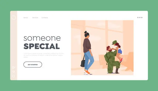 Vector illustration of Happy Family Meeting Someone Special Landing Page Template. Mother And Daughter Reunite With Their Soldier Dad