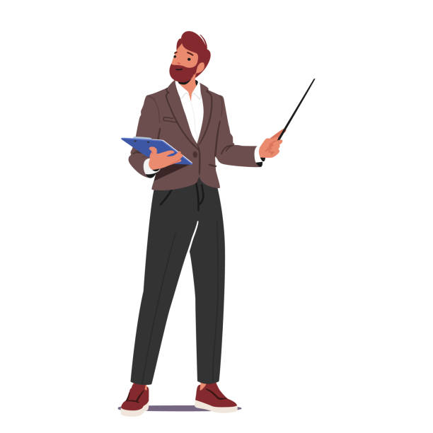 ilustrações de stock, clip art, desenhos animados e ícones de male teacher character holding pointer and clipboard while explain lesson, doing presentation vector illustration - square stance