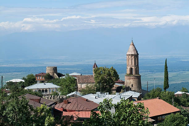 ancient church and village in Kakheti eastern Georgia stock photo
