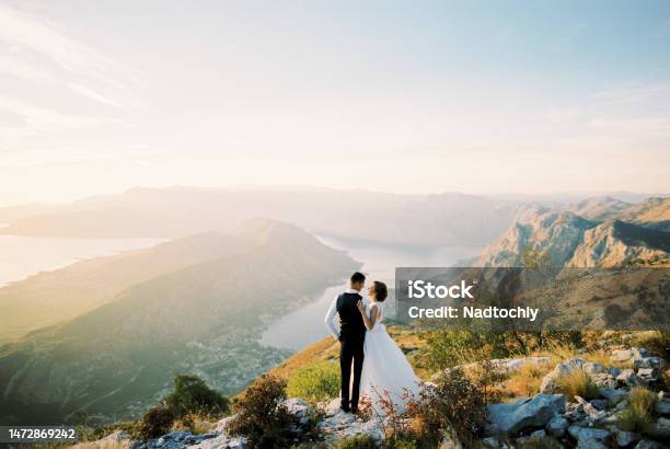 Groom Hugs Bride On A Mountain Above The Bay Of Kotor Stock Photo - Download Image Now