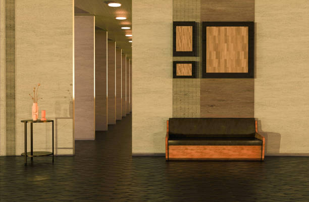 istock Living room interior corridor in neutral tones, decorative ceramics, rustic sofa, ceiling lights and set of paintings. 1472870415