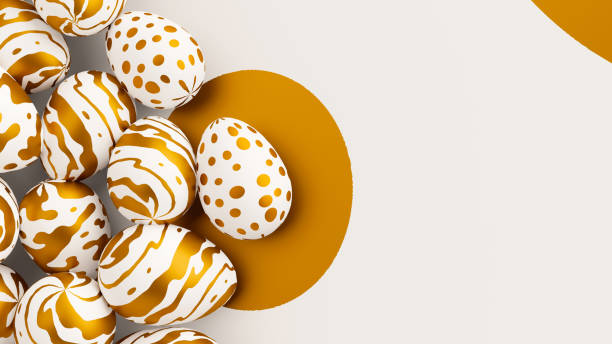 istock Bunch of easter eggs with golden ornament on ornate background. 3d render illustration 1472873096