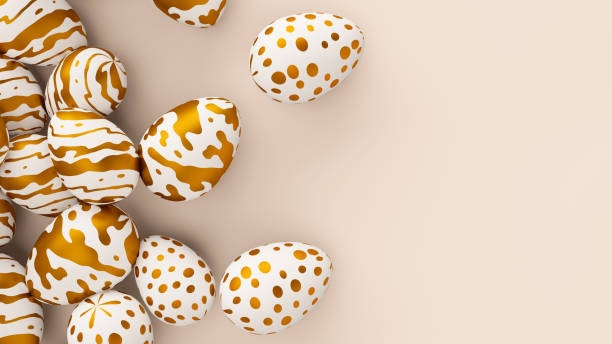 istock Bunch of easter eggs with golden ornament on beige background. 3d render illustration 1472873098