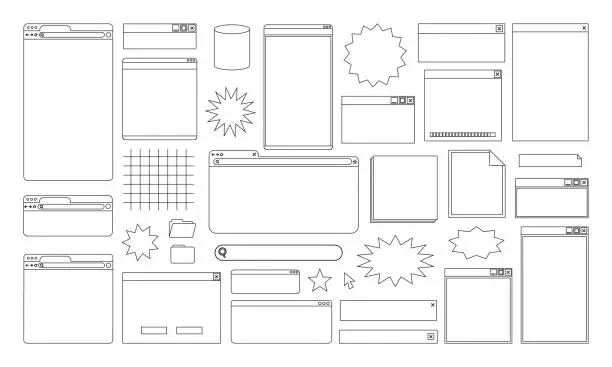 Vector illustration of Lined Retro User Interface , Icon Website and Computer 90s, Set Desktop Program, windows boxes.