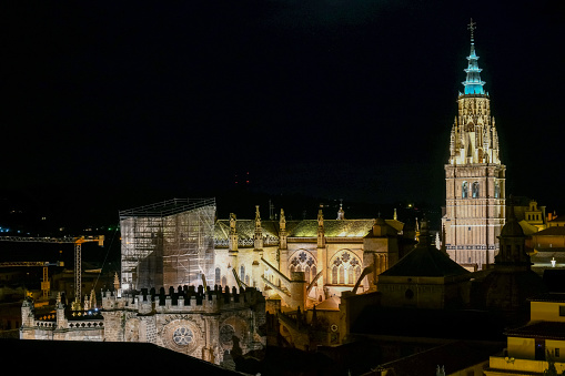 Santa Iglesia Catedral Primada de Toledo Roman Catholic church and The Primate Cathedral of Saint Mary in Spain at night.