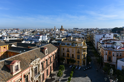 Seville city skyline as seen from the Giralda by the Cathedral of Seville, Spain.