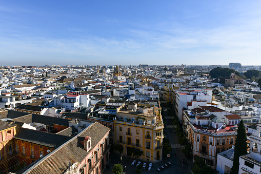 Seville city skyline as seen from the Giralda by the Cathedral of Seville, Spain.