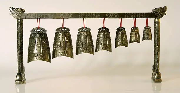Chinese ancient bronze bell(reproduction) on the white background. that is handicraft.