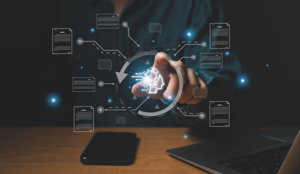 Selective focus at human hand while type or input a command to navigate chatbot or AI to get answer or information from big database. Artificial intelligence that can provide SEO or business info enfoque selectivo en la mano humana mientras escribe o ingresa un comando para navegar por chatbot o ia para obtener respuesta o información de una gran base de datos. inteligencia artificial que puede proporcionar seo o información comercial
