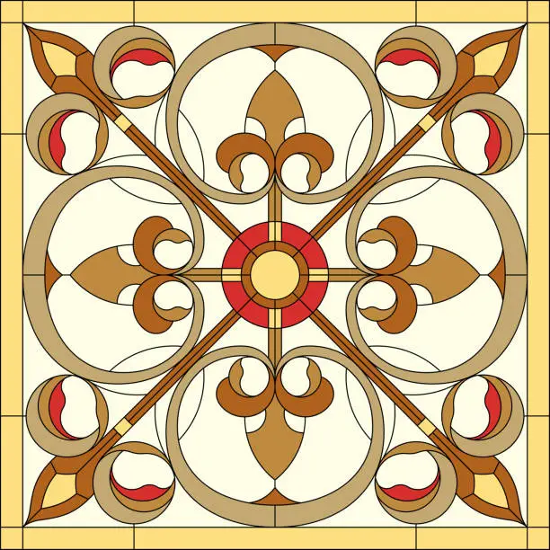 Vector illustration of Ceiling panels of stained glass window. Abstract lily  flower in square frame, geometric ornament, symmetric composition, tiffany technique, classic style. Vector