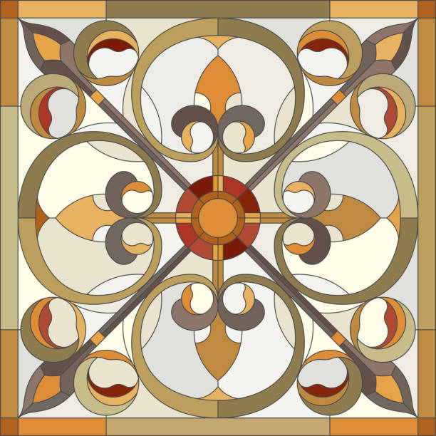 istock Ceiling panels of stained glass window. Abstract lily  flower in square frame, geometric ornament, symmetric composition, tiffany technique, classic style. Vector 1472897152