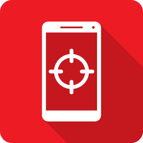 Shooter Target Smartphone Icon Silhouette Vector illustration of a smartphone with crosshairs target icon against a red background in flat style. firing squad stock illustrations