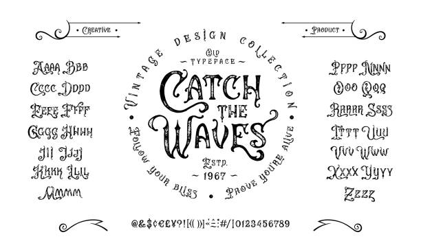 ilustrações de stock, clip art, desenhos animados e ícones de vector font catch the waves. letters and numbers - gothic style letterpress alphabet typescript