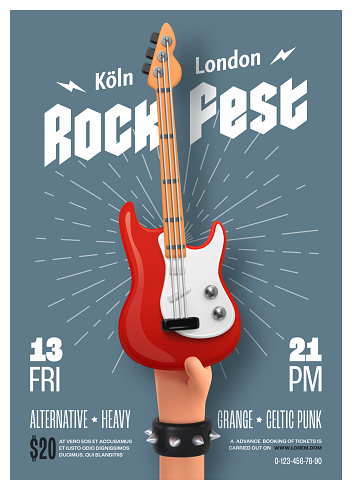 Rock festival invitation printing leaflet template. 3d rock stars hand holding red electric guitar. Music festival flyer vector illustration badge format.