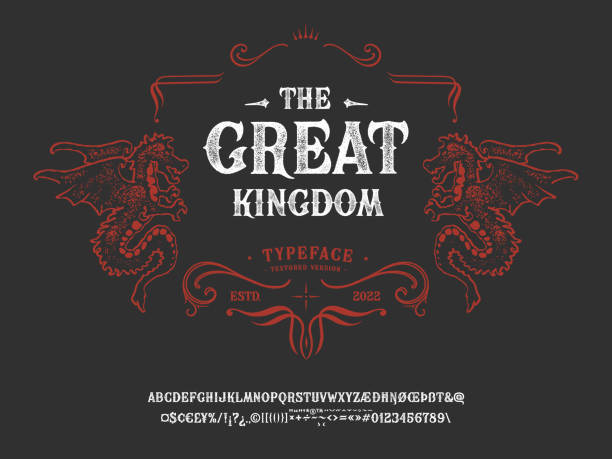 Vector font The Great Kingdom. Letters and numbers Font The Great Kingdom. Vintage typeface design. Graphic display alphabet. Fantasy type of letters. Latin characters, numbers. Vector illustration. Old badge, label, logo template. fantasy font stock illustrations