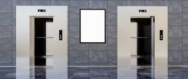istock 3D illustration. Mockup billboard and two elevators. Useful for your advertising. Panoramic 3D rendering 1472901061