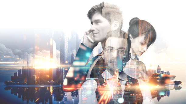 istock Diverse business team managers with gadgets over night cityscape background. Double exposure, city on the background. Blurred background. 3d illustration 1472901075