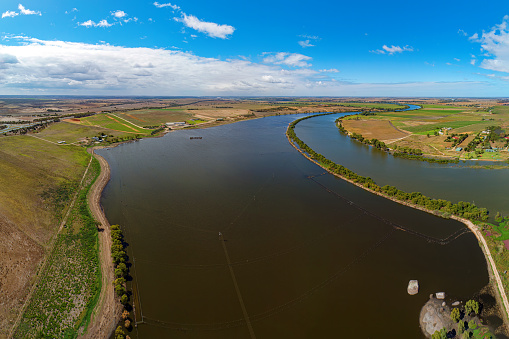Panoramic drone views of the Murray River at Murray Bridge in South Australia, after the flooding.