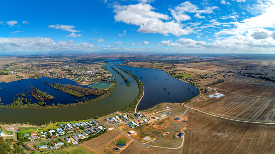 Panoramic drone views of the Murray River at Murray Bridge in South Australia, after the flooding.