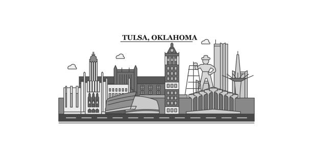 ilustraciones, imágenes clip art, dibujos animados e iconos de stock de estados unidos, tulsa city skyline aislado vector ilustración, iconos - oklahoma tulsa map cartography