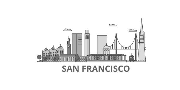 illustrazioni stock, clip art, cartoni animati e icone di tendenza di stati uniti, illustrazione vettoriale isolata dello skyline della città di san francisco, icone - san francisco county skyline silhouette sky