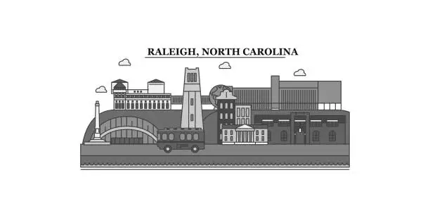 Vector illustration of United States, Raleigh city skyline isolated vector illustration, icons