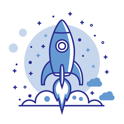 Vector illustration of a blue rocketship against a white background in line art style.