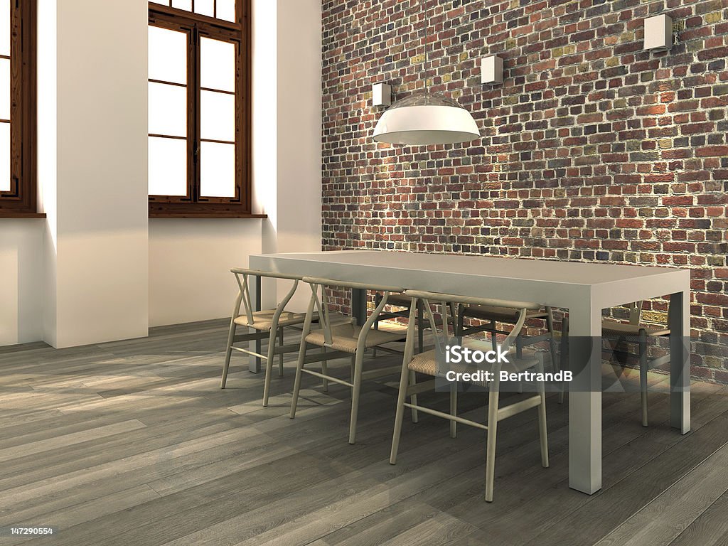 Living room with brick wall and empty table Modern dining corner with rough brick wall, table and chairs (3D render) Plastic Stock Photo