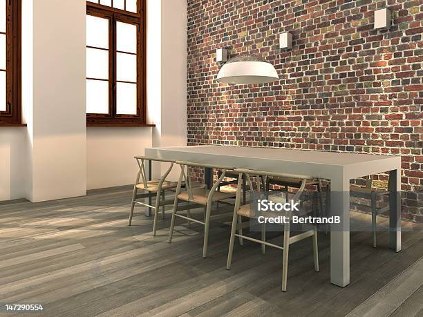 Living Room With Brick Wall And Empty Table Stock Photo - Download Image Now - Plastic, Luxury, Living Room