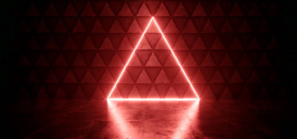 istock Neon Glowing Sci Fi Triangle Orange Shape Laser Beam Empty Concrete Wall Hangar Corridor Showroom Glossy Grunge Floor Realistic 3D Rendering 1472907354