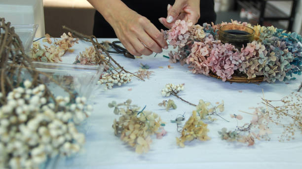 istock A female florist is making a wreath with hydrangeas 1472907668
