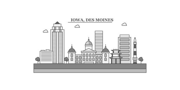 United States, Des Moines city skyline isolated vector illustration, icons United States, Des Moines city isolated skyline vector illustration, travel landmark des moines silhouette stock illustrations